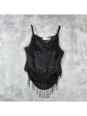 Scala Beaded Fringe Tank Top XL Black Silk Festival Club Biker Goth Party Gatsby